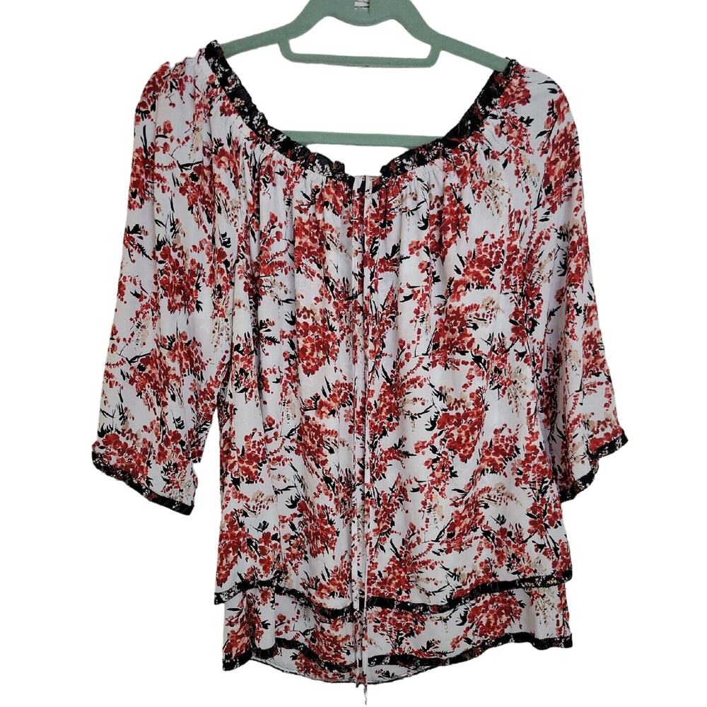 Floral Peasant Blouse in White and Red - Women Tops
